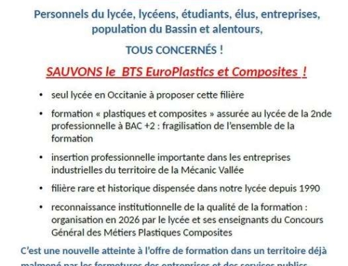 LYCÉE LA DÉCOUVERTE DE DECAZEVILLE : SAUVER LE BTS EUROPLASTICS et COMPOSITES